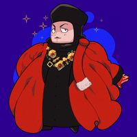 Chibi-style Q from Star Trek in the red judge outfit