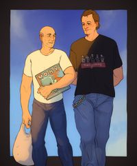 
        Picard in a white t-shirt and jeans carries a shopping bag and a vinyl copy of Moby's Everything Is Wrong and smiles at Q, wearing baggy jeans, a chunky, colorful chain and a loose black Trainspotting t-shirt.
      