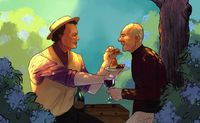 
        Q and Picard, wearing casual clothing, are sitting under a tree on a sunny day, surrounded by hydrangeas. Q is holding a plate of fruit and feeding Picard a strawberry. Both are smiling.
      