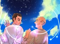 Q and Picard are smiling and looking at each other in light, casual clothing, lights swirling around them, and a deep blue sky transitioning into space in the background.