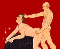 Q leaning on a platform of some sort while Picard pulls on his hair and fucks him from behind.