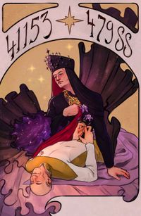 
        Q is in a black outfit with red accents leaning over sleeping/unconscious Picard clad in his uniform, except it's in white and gold. Picard is holding two Columbine flowers.
      