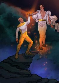 
        Picard, in a gold-and-white version of the regular one-piece uniform, stands on a rock ledge, smiles and takes the hand Q is holding for him. Q, also smiling, is wearing a white outfit with gold details, a cape and deep-cut neckline, and seems to be floating.
      