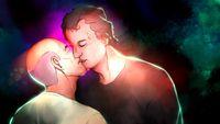 
        Closeup of Picard and Q sweaty under bright color lights. Q, wearing a black t-shirt, kisses Picard, wearing a white t-shirt.
      