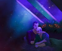 
        In the captain's quarters, Picard has been woken up by a nightmare and looks terrified, grabbing his blanket with one hand, his arm with another. Q is next to him, comforting him.
      