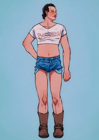 
        Q wearing a white crop top with the text "Boobies!", micro-length cutoff jeans and brown leather boots.
      