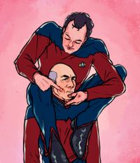 
        Q sitting on Picard's shoulders and poking at his face
      