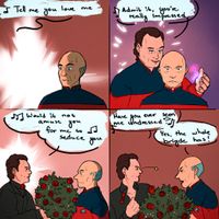 A comic; First panel: Picard is surprised as a bright light appears next to him; speech bubble, singing: "Tell me you love me". Second panel: Q stands behind annoyed Picard, shows him some space magic and sings: "Admit it, you're really impressed". Third panel: Q appears in front of surprised Picard with a big bouquet of roses in the flower delivery guy outfit from Tapestry, singing: "Would it not amuse you for me to seduce you". Last panel: Q has unbuttoned his shirt and sings: "Have you ever seen me undressed?". Picard, annoyed, replies: "Yes, the whole bridge has!"