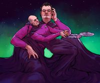 
        Giant Q and slightly less giant Picard are in space in the Starfleet captain's uniform which turns into a long dress. Picard is holding his hands out towards Enterprise D, flying away from him.
      