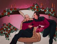 
        Q has decorated the bridge with roses and candles and is offering surprised Picard a heart-shaped box of chocolates.
      