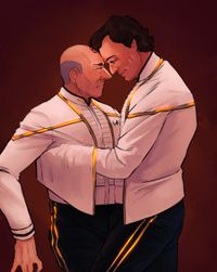 
        Q has pushed his and Picard's foreheads together and slid his hand under Picard's jacket, while Picard is embarrassed but does nothing to stop it. Both are wearing the white dress uniform from Nemesis.
      