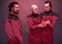 
        Picard is holding Q's left hand with a ring in his ring finger while Riker is smiling next to them. All three are wearing dress uniforms.
      