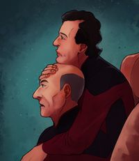 
        Picard sitting in the captain's chair, Q somehow lodged between his back and the backrest. Q leans his chin on Picard's head and holds him, but Picard doesn't pay him any attention.
      