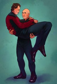
        Picard, looking somewhat annoyed, carries pleased Q in his arms.
      