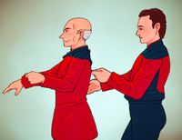 Picard is getting into his dress uniform while Q stands behind him and helps with the zipper