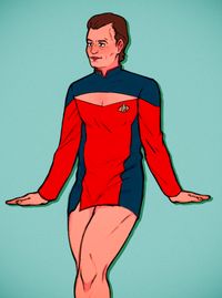 Q in a skant-inspired uniform; chest-down it's the same as the S1 skant, but it's got the same collar and long sleeves as the S3 uniform, and also a boob window