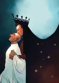 
        Picard is clad in a white robe, looking up into a light and smiling, while Q is wearing red and black and kisses his head from behind while holding his hand.
      