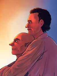 Q and Picard smiling, sitting together, Picard in Q's lap, in a golden hour lighting.