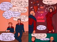 
        Comic:
        First panel, Q and Janeway talking:
        q: What would you say was the biggest mistake I made in my attempt to seduce you?
        j: Not factoring in that I have no interest in you, most likely.
        q: So, no issues with my technique, then?
        j: ...You're not planning on bothering anyone in my crew, are you?
        q: Just an old flame, you needn't worry.
        j: ...
        j: At least don't strip them without asking for their permission first.

        Second panel: Q in a robe, waiting for Picard with an assortment of outfits and a heart bed:
        q: Take your pick, Jean-Luc!
        small text above Q: I've learned my lesson
        p: Please, Q, I have had a very rough day...

        Third panel: Q is sad, Picard is drinking tea:
        q: But I was told my technique was flawless...
        p: ...by whom?
      