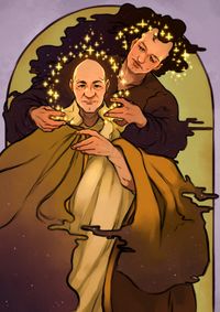 
        Q is behind Picard, holding a band of stars around his head
      