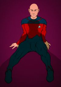 
      Same as the previous image, but this time with the shadow of Q in his judge's outfit looming over Picard.
      