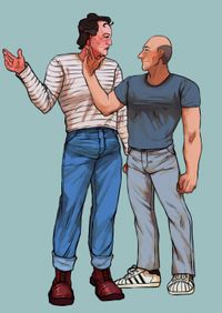 
        Q and Picard standing next to each other, Picard touching Q's face. A composite of two following pictures.
      