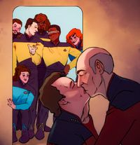 
        Picard is kissing Q in the foreground while Riker, Data, Worf, Geordi, Beverly and Deanna are watching in the doorway
      