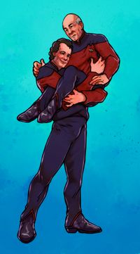 
        Q is standing and carrying surprised Picard.
      
