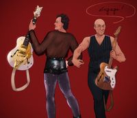 
        Q is holding a white Gretsch hollow-body electric guitar, wearing a transparent black shirt and short leather shorts over sparkling leggings. Picard smacks his butt and says "engage" with a crooked smile. He is wearing a black pinstriped waistcoat with nothing underneath and a pair of black pants and holds a Telecaster Thinline.
      